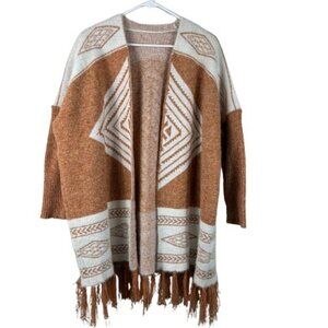 Boho Aztec Print Southwestern Fringe Duster Cardigan Sz Small Western Indie